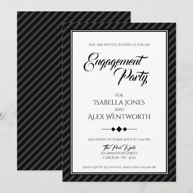 Invitación Elegante partido moderno de compromiso blanco y ne (Anverso / Reverso)