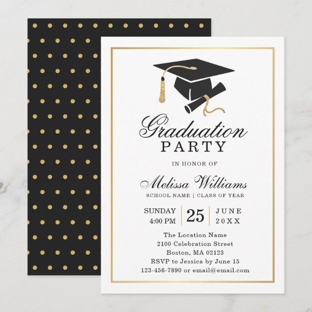 Invitación Elegante Partido Moderno de Graduación de Oro Blan (Anverso / Reverso)