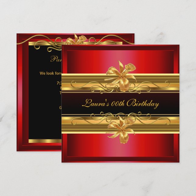 Invitación Elegante Partido Red Black Gold Birday (Anverso / Reverso)