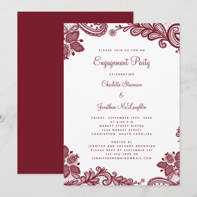 Invitación Elegante partido romántico de compromiso de encaje (Anverso / Reverso)