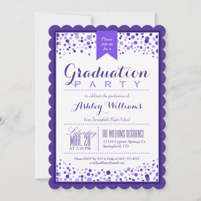 Invitación Elegante partido violeta morado y blanco de gradua (Anverso)