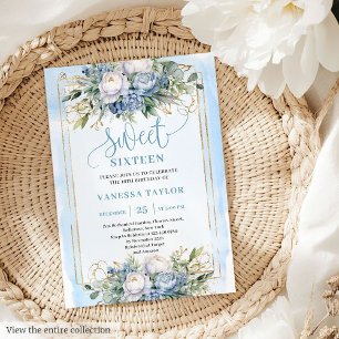 Invitación Elegante Pastel Azul Azul Oro Blanco Dulce Floral