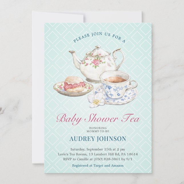 Invitación Elegante Pastel Azul Baby Shower Tea Floral Teapot (Anverso)