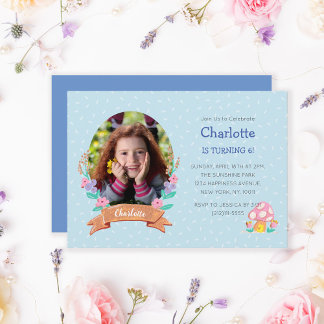 Invitación Elegante Pastel Blue Floral Wreath Foto Cumpleaños