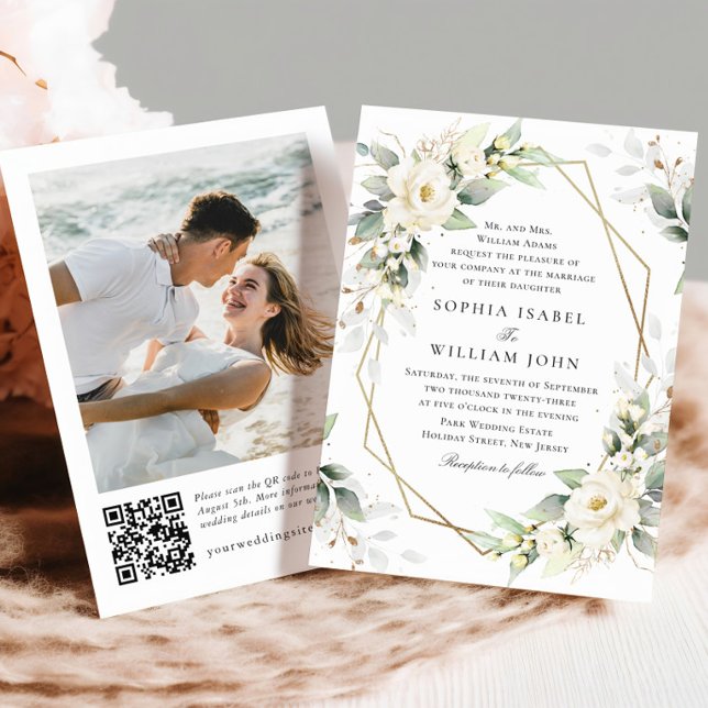 Invitación Elegante Pastel Boda Eucalipto de rosas blancas (Subido por el creador)