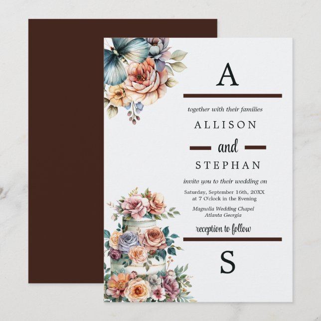 Invitación Elegante Pastel Boda Floral (Anverso / Reverso)