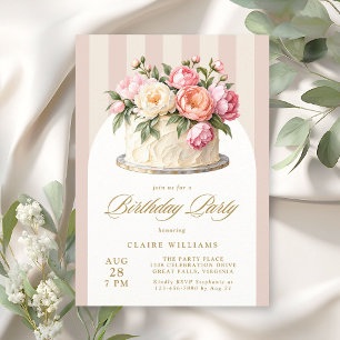 Invitación Elegante pastel de cumpleaños floral rosa rayado f