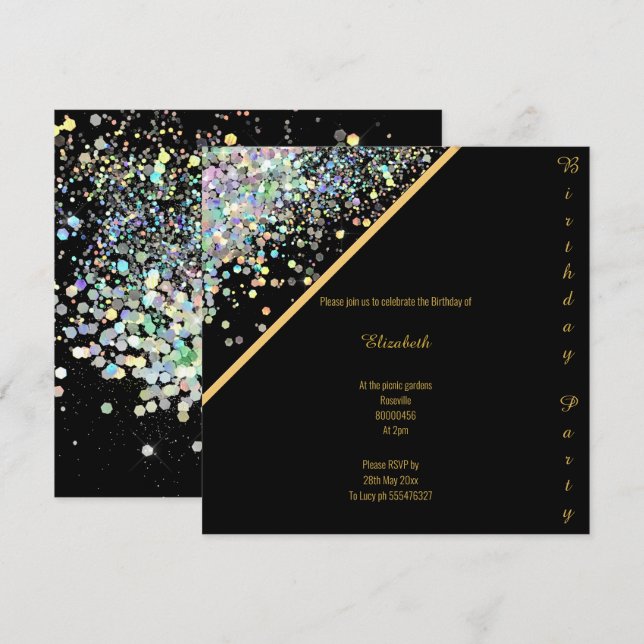 INVITACIÓN ELEGANTE PASTEL DE ORO NEGRO ENCUENTRO DE CUMPLEAÑ (Anverso / Reverso)