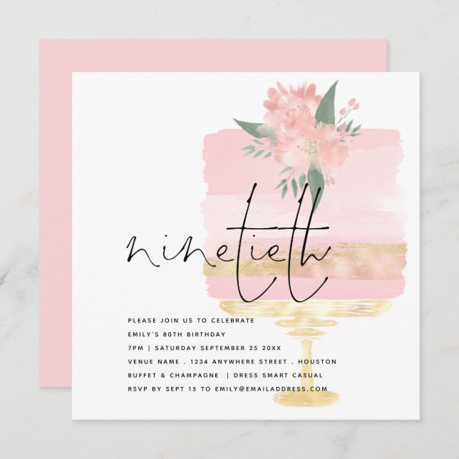 Invitación Elegante Pastel de Oro Rosado de Cumpleaños 90 Fie (Anverso / Reverso)