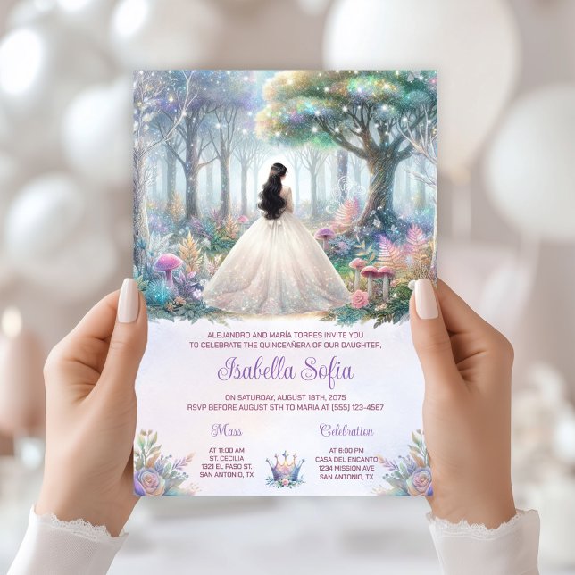 Invitación Elegante Pastel Encantado Bosque Quinceañera (Beautiful enchanted forest Quinceanera invitation - simply add your event details.)