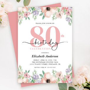 Invitación Elegante Pastel Floral 80ª fiesta de cumpleaños