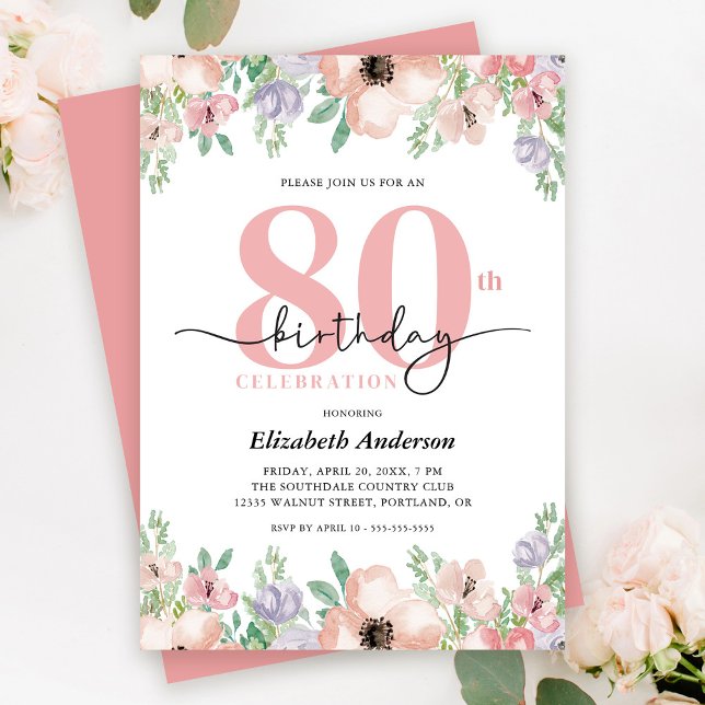 Invitación Elegante Pastel Floral 80ª fiesta de cumpleaños (Subido por el creador)