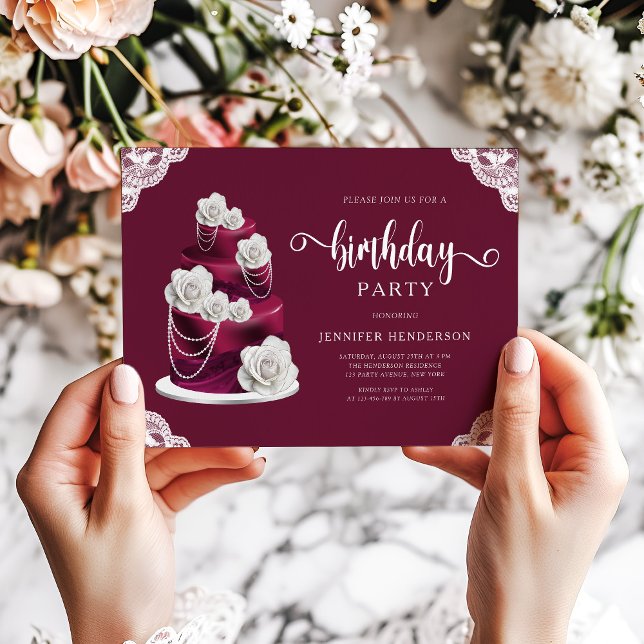 Invitación Elegante Pastel Floral de Borgoña Cumpleaños (Elegant Burgundy Floral Cake Birthday Invitation )
