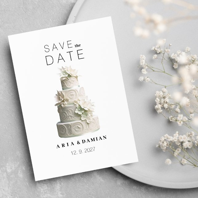 Invitación Elegante pastel floral verde de menta blanca Guard (Elegant white mint green floral cake Save the Date)