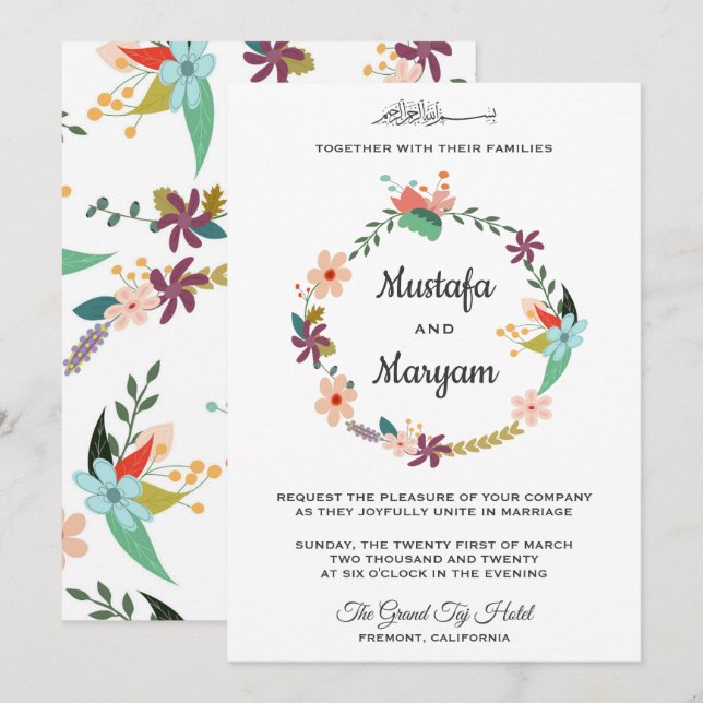 Invitación Elegante Pastel Floral Wreath Boda islámico (Anverso / Reverso)