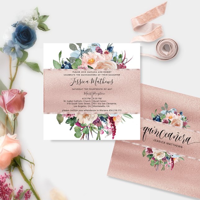 Invitación Elegante Pastel Floral y Rosa Dorado Quinceañera (Subido por el creador)