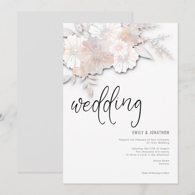 Invitación Elegante Pastel Florals Peach Rubor Gray Boda (Anverso / Reverso)