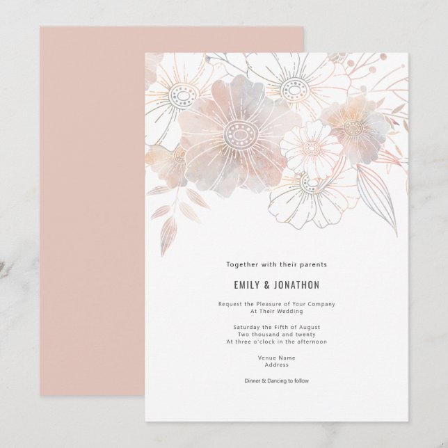 Invitación Elegante Pastel Florals Rubor Peach Gray Boda (Anverso / Reverso)
