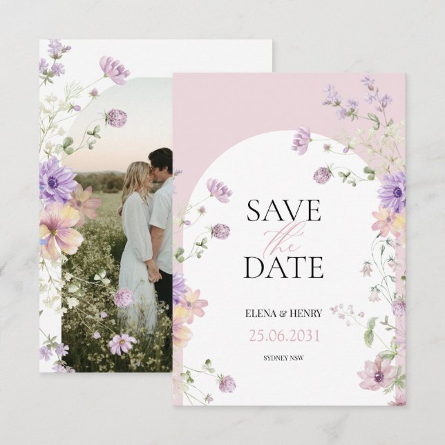 Invitación Elegante Pastel Flores Silvestres Boda Salvar la F (Anverso / Reverso)