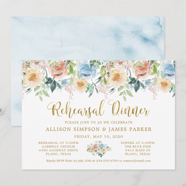 Invitación Elegante Pastel Garden Acuarela Ensayo Cena (Anverso / Reverso)