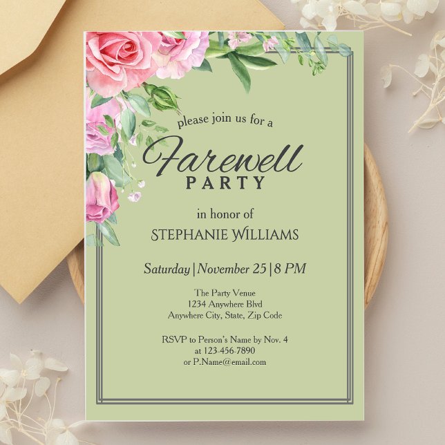 Invitación Elegante Pastel Green Flower Farewell Fiesta (Subido por el creador)