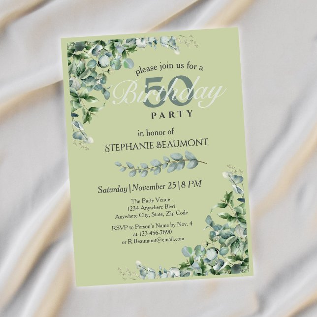 Invitación Elegante Pastel Green Flower Women's 50th Birthday (Subido por el creador)