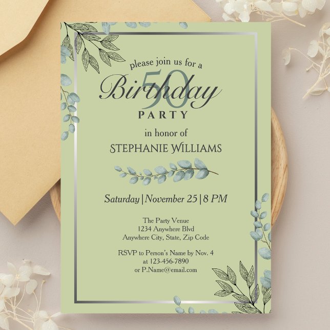 Invitación Elegante Pastel Green Flower Women's 50th Birthday (Subido por el creador)