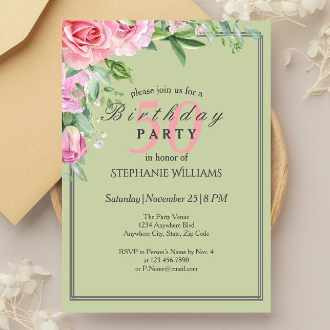 Invitación Elegante Pastel Green Flower Women's 50th Birthday (Subido por el creador)