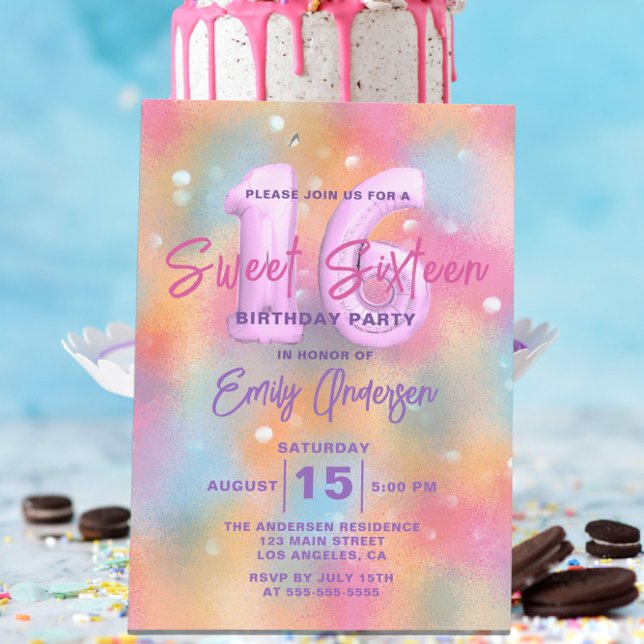 Invitación Elegante Pastel Holográfico Dulce Dieciséis Cumple (Subido por el creador)