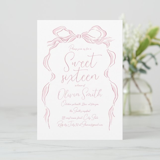 Invitación Elegante Pastel Mano Rosa Dibuja Bow Dulce Diecisé (Anverso de pie)