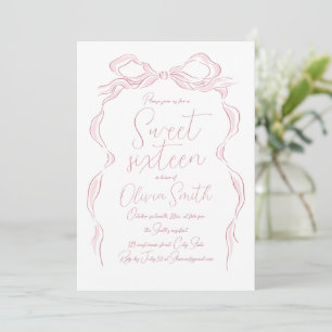 Invitación Elegante Pastel Mano Rosa Dibuja Bow Dulce Diecisé