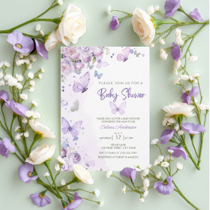 Invitación Elegante Pastel Morado Mariposa Floral Baby Shower