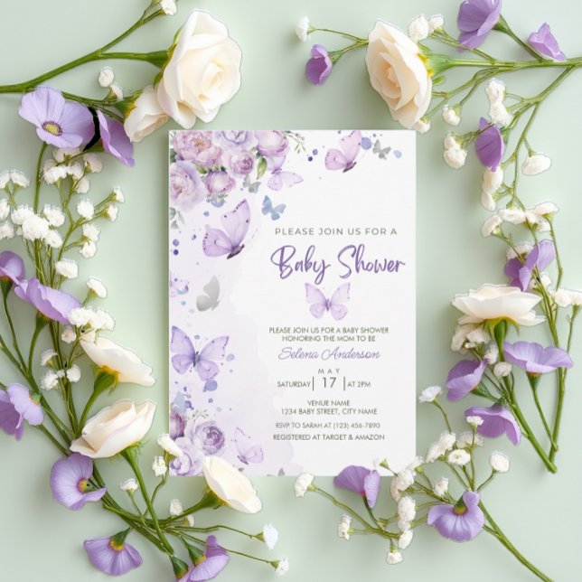 Invitación Elegante Pastel Morado Mariposa Floral Baby Shower (Subido por el creador)