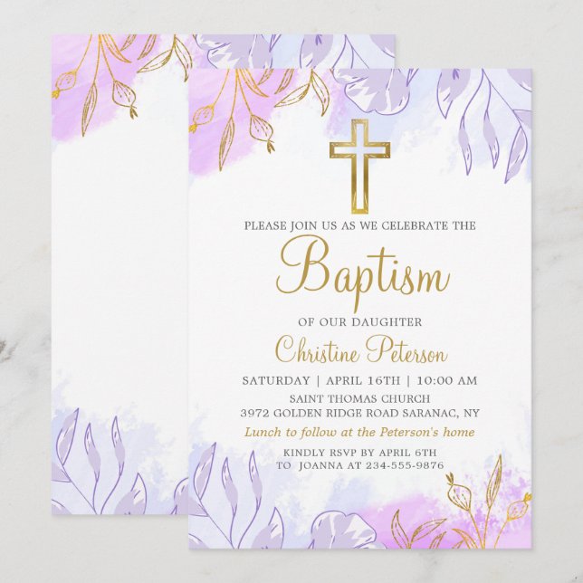 Invitación Elegante Pastel Morado Oro Floral Baptismo Chica (Anverso / Reverso)