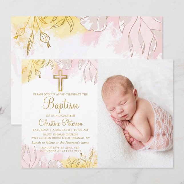 Invitación Elegante Pastel Oro Rosa Chica Floral Baptismo Fot (Anverso / Reverso)