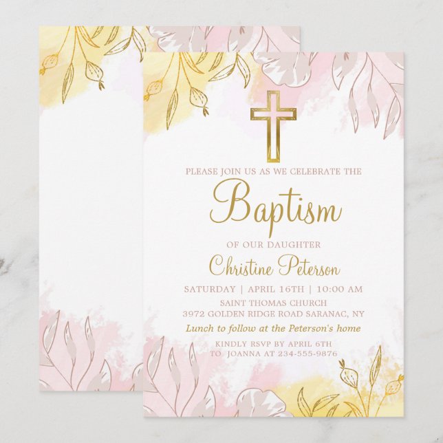 Invitación Elegante Pastel Oro Rosa Floral Chica Bautismo (Anverso / Reverso)