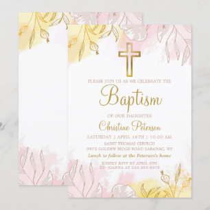 Invitación Elegante Pastel Oro Rosa Floral Chica Bautismo
