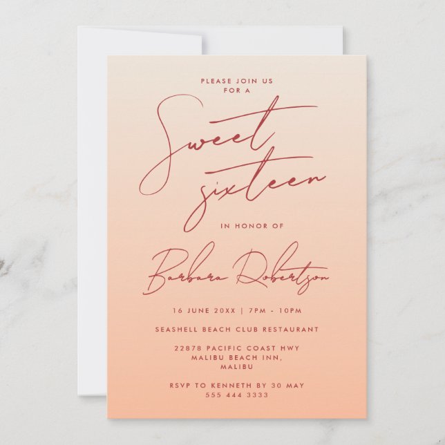 Invitación Elegante Pastel Peach Ombre Script Dulce Dieciséis (Anverso)