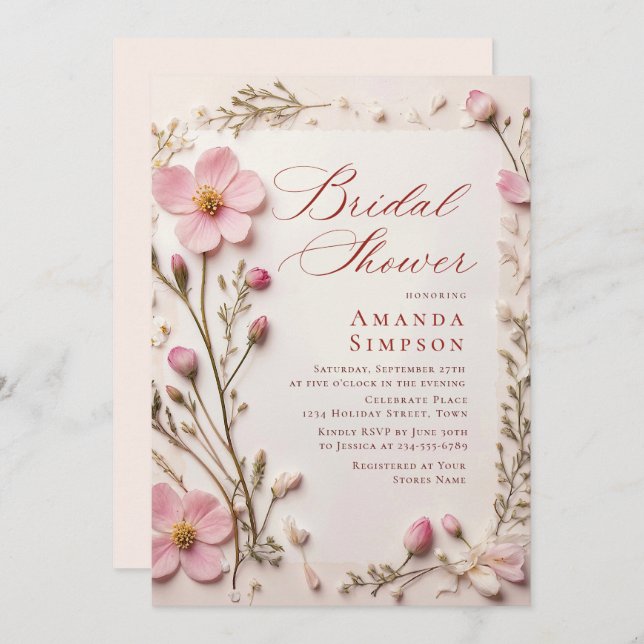 Invitación Elegante Pastel Pink Bohemia Flor Ducha Nupcial (Anverso / Reverso)