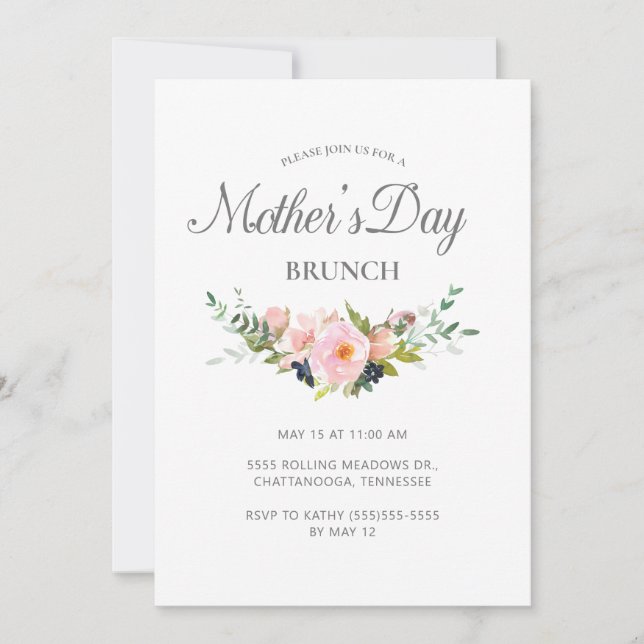 Invitación Elegante Pastel Pink Floral Greenery Día de la Mad (Anverso)