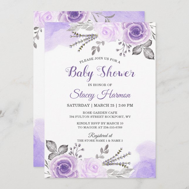 Invitación Elegante Pastel Purple Blossom Flores Baby Shower (Anverso / Reverso)