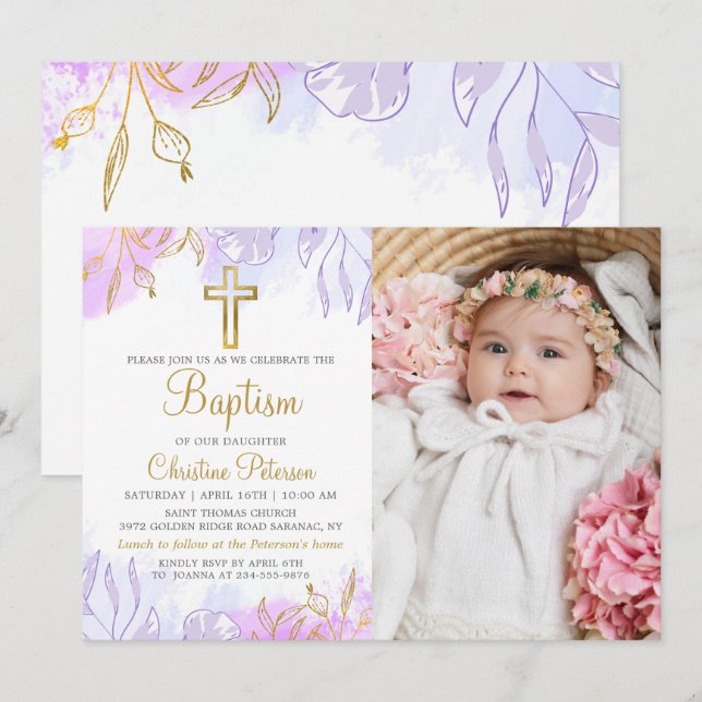 Invitación Elegante Pastel Purple Gold Floral Baptism Foto (Anverso / Reverso)