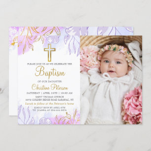Invitación Elegante Pastel Purple Gold Floral Baptism Foto