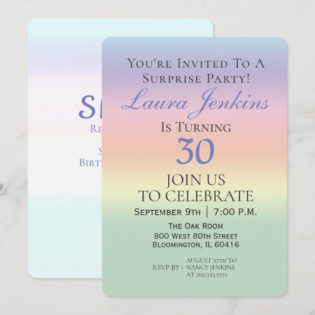 Invitación Elegante Pastel Surprise0th Birthday Fiesta (Anverso / Reverso)