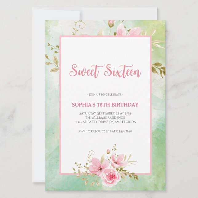 Invitación Elegante Pastel Verde y Dulce Floral Rosa Dieciséi (Anverso)