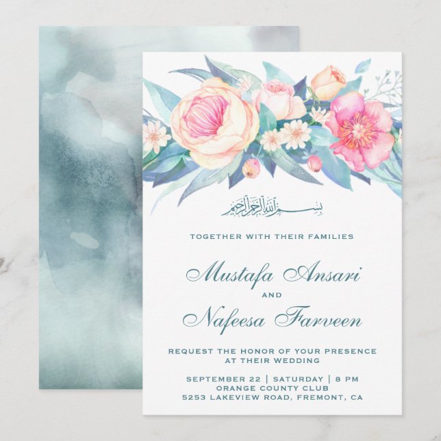 Invitación Elegante Pastel Watercolor Floral Boda Islámico (Anverso / Reverso)