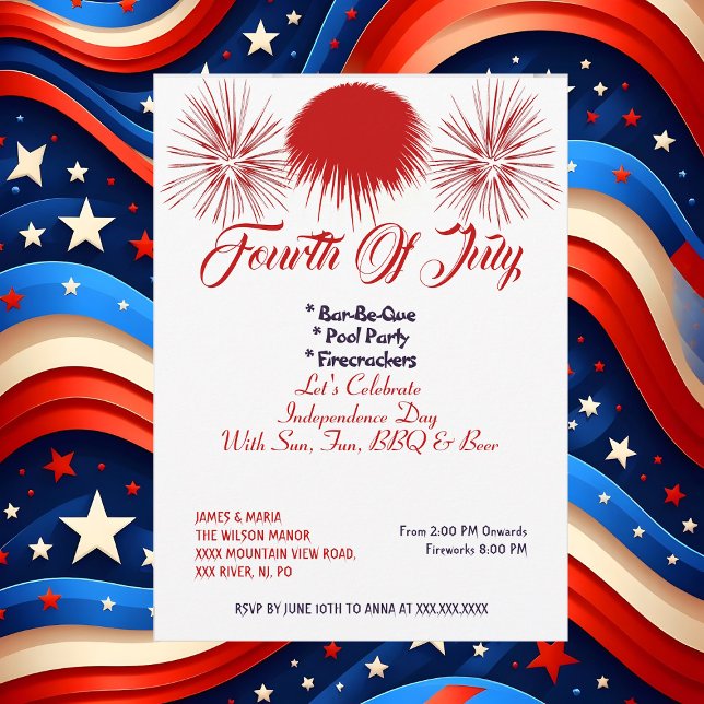 Invitación Elegante patriótico 4 de julio Firecrackers Fiesta (Elegant Patriotic 4th July Firecrackers BBQ Party Invitation)