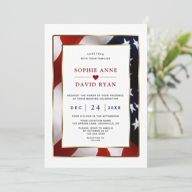 Invitación Elegante Patriótico Militar Oro EEUU Boda de Bande (Anverso de pie)