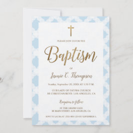 Invitación Elegante patrón azul cruza el bautismo de oro