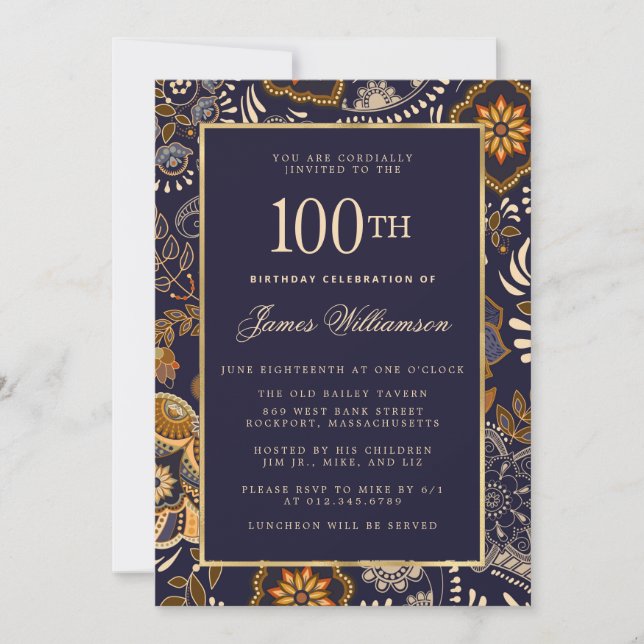 Invitación Elegante patrón azul y oro 100 cumpleaños (Anverso)